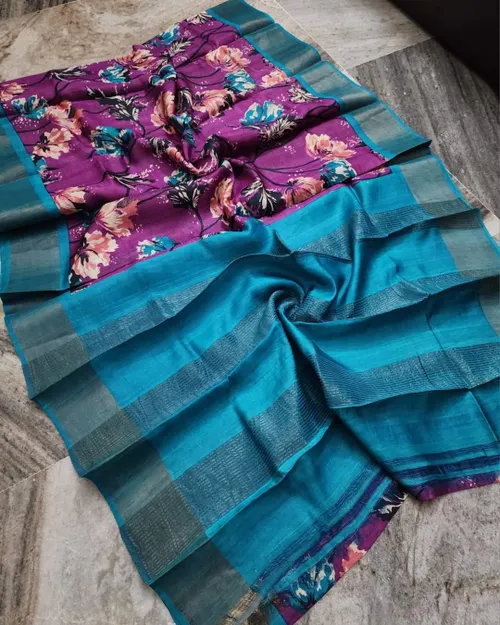 Pure handloom tussar silk with zari border floral block print with silk mark tag